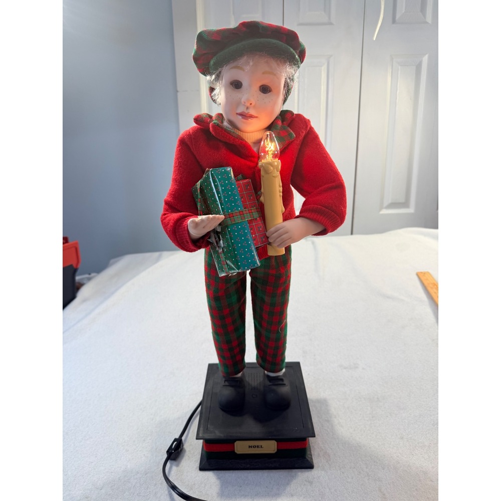 Vintage Noel Animated Christmas Boy Figure Lighted Candle Presents Plaid Outfit
